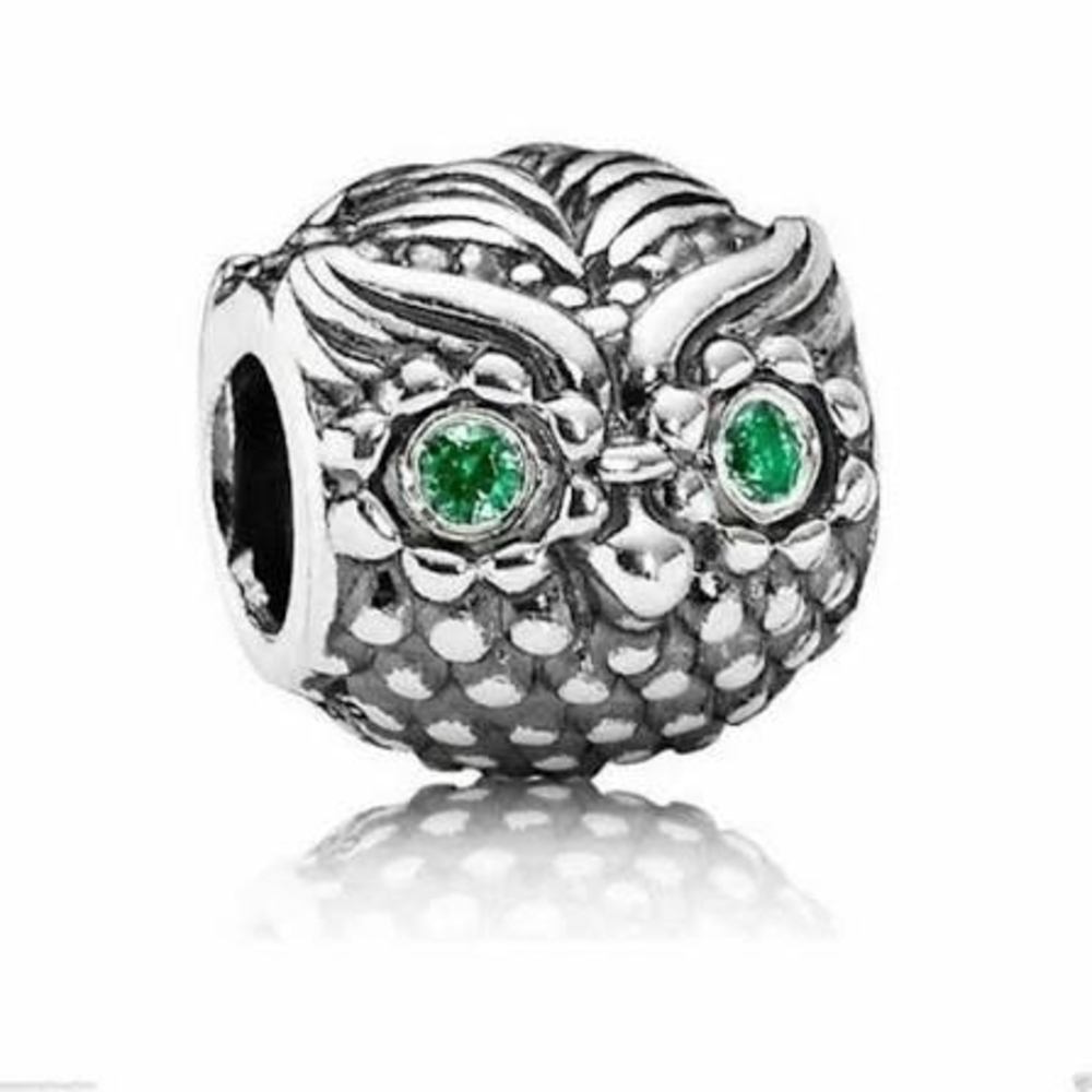 Pandora Silver Owl Charm with Green Eyes
